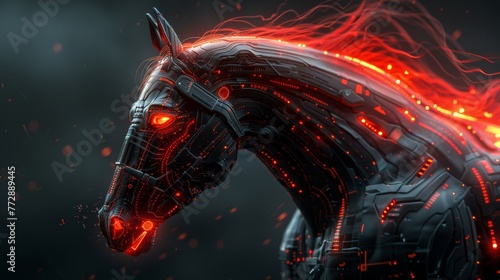 This futuristic horse head combines an electronic board with a horse head shape to create a powerful concept