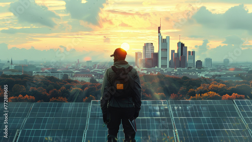 Man Overlooking Cityscape from Solar Farm at Sunset