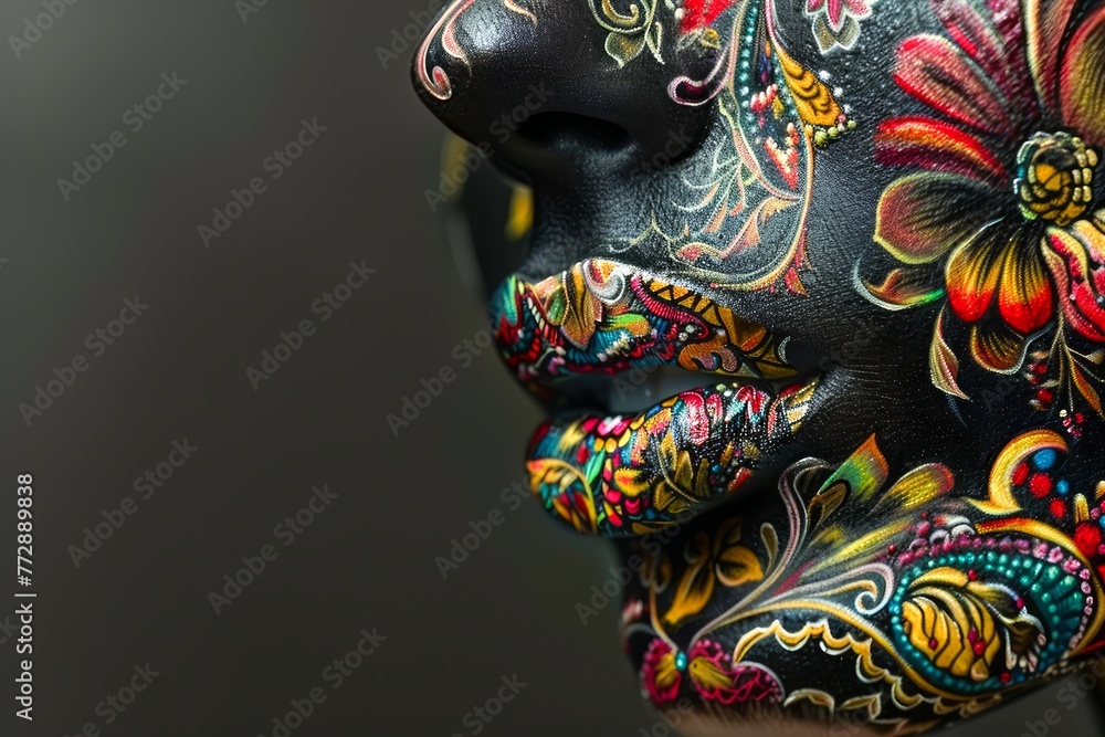 Obraz premium Colorful Traditional Floral Patterns on Black Mannequin Head against Grey Background
