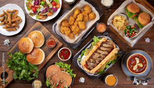 take out foods featuring Pizza, hamburgers, fried chicken on a wooden table