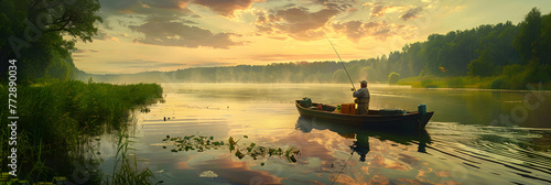 Golden Hour Serenity: A Tranquil Scene with One Man and His Quest for Fish. © Dora