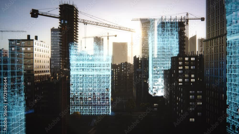 Aerial Drone Shot of Building Construction Finished with VFX: Real Estate Development Site Transforms with Analytical 3D Graphics Project. Visualization, Digitalization of Urban City Design Progress