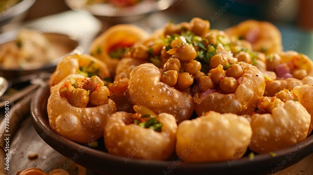 A tempting plate of golgappa, showcasing crispy hollow puris filled with spicy tangy water, mashed potatoes, chickpeas, and chutneys, offering a burst of flavors in every bite. A tempting plate of golgappa, showcasing crispy hollow puris filled with spicy tangy water, mashed potatoes, chickpeas, and chutneys, offering a burst of flavors in every bite.