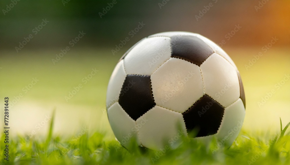 Fototapeta premium A soccer ball lying on the grass of a soccer field. close up
