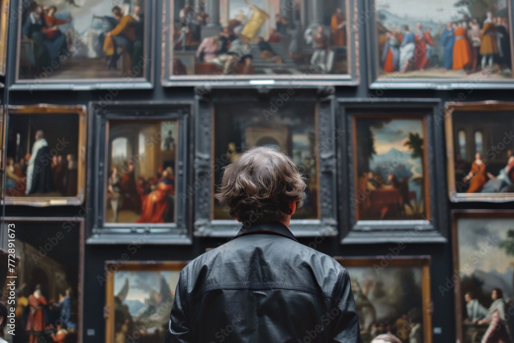 Obraz premium Parte posterior de una persona adulta mirando pinturas de estilo renacentista en una antigua galería de arte del museo