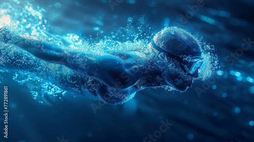 The concept of sport science depicts a polygonal female athlete swimming with a lighting effect