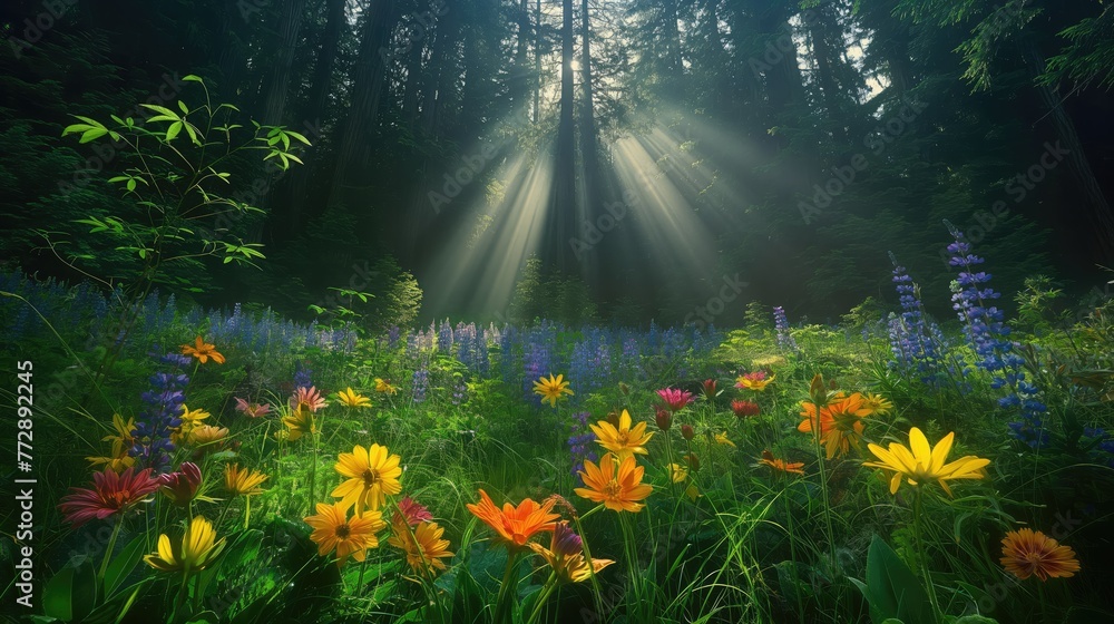 Obraz premium Sun rays coming from trees over the flowers