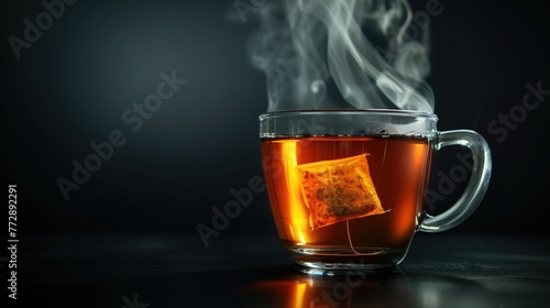 Steaming Tea in Transparent Mug on Dark Backdrop