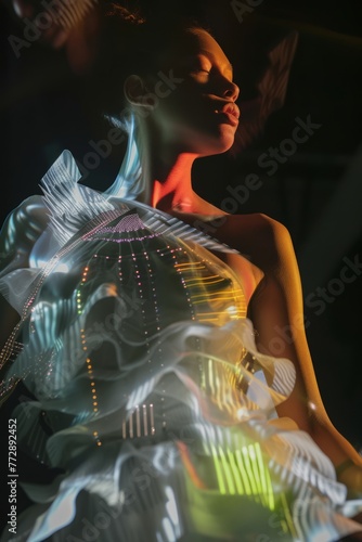 Professional Photography of a Supermodel Showcasing Futuristic and Avant-Garde Fashion Designs on the Catwalk, Generative AI
