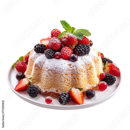 A white plate holding a dusted sponge cake, adorned with a mix of fresh berries and a mint leaf.