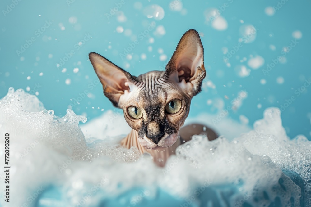 Hairless Sphynx Cat taking bath. Sphinx cat washes in a bath with foam. solid blue background