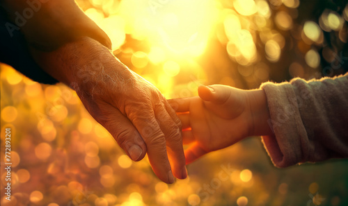 老人の手をとる幼い子供の手と柔らかな光の背景 photo