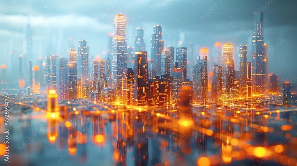 Digital buildings in futuristic style, a technology city or smart city concept