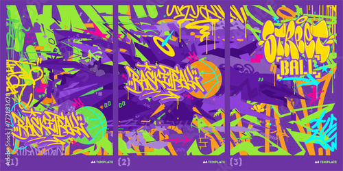 Trendy Hip Hop Urban Street Art Graffiti Style Basketball Vector Illustration A4 Poster Template