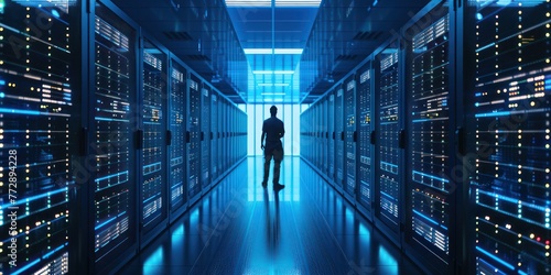 Female engineer working in server room at modern data center