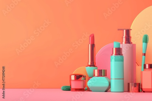 A colorful display of makeup and beauty products arranged on a blue background