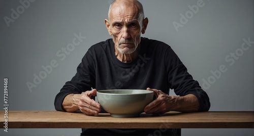 Sad and emaciated person holding an empty bowl
