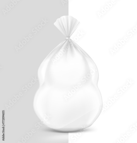 Realistic bag mockup with clip band for chicken, turkey. Vector illustration isolated on white and grey background ready and simple to use for your design. EPS10.