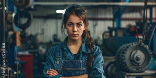 The concept of small business, feminism and women's equality. A young woman in working clothes posing in front of a car workshop photo