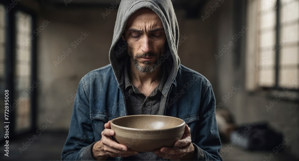 Sad and emaciated person holding an empty bowl Sad and emaciated person holding an empty bowl