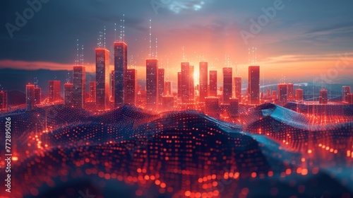 Concept of a digital city or technology world, showing polygon mountains and buildings on a dimension grid