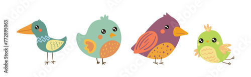 Cute Little Birdie with Colorful Feather Vector Set photo