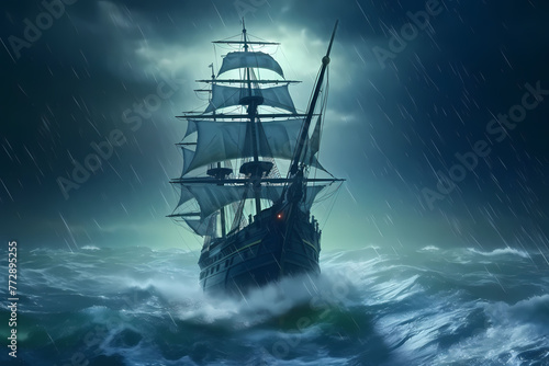 In the middle of a stormy nighttime sea is a pirate ship.