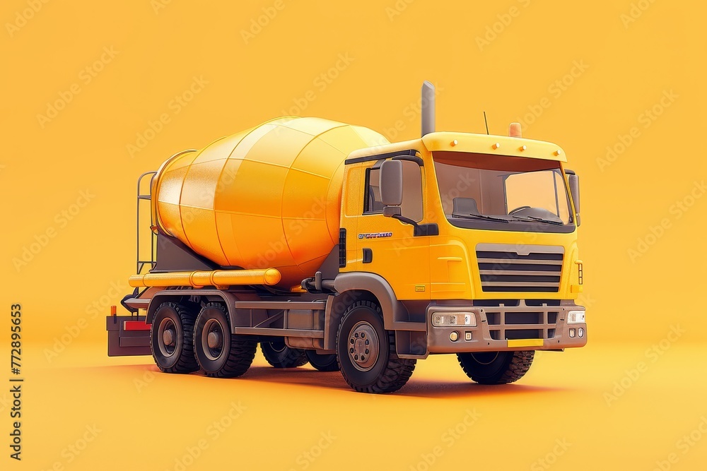 A yellow cement truck is parked on a yellow background