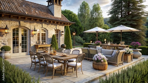 French Country style outdoor entertaining area with a mix of antique French, shabby chic and farmhouse