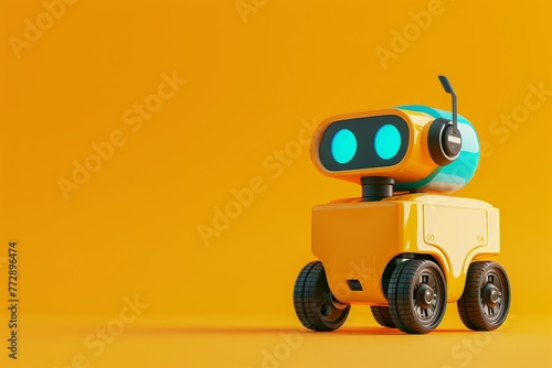 delivery robot with blue eyes and a blue and green head
