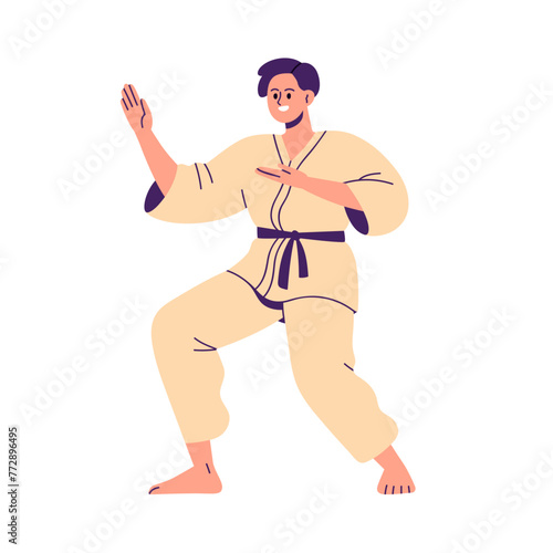 Karate fighter. Japanese fight athlete. Wrestler in kimono, black belt. Sport man in stance, standing fighting position. Japan martial art. Flat vector illustration isolated on white background