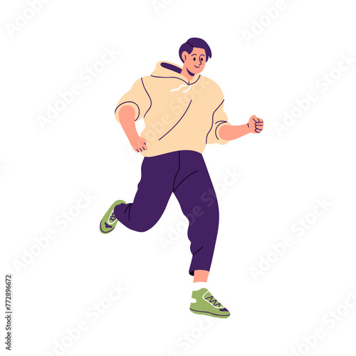 Man running. Young runner exercising. Male jogger training endurance, cardio sport workout. Active person jogging in hoodie and trainers. Flat vector illustration isolated on white background