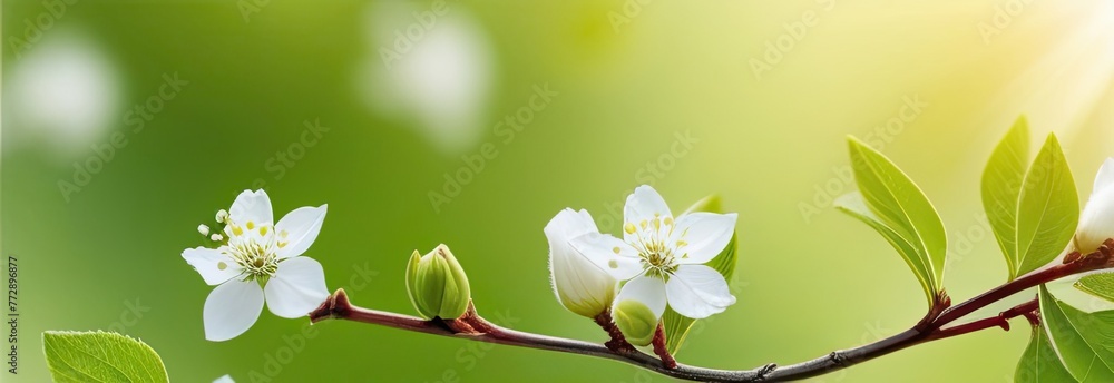 Obraz premium Fresh spring sprigs on green background. Spring concept. Natural background,banner