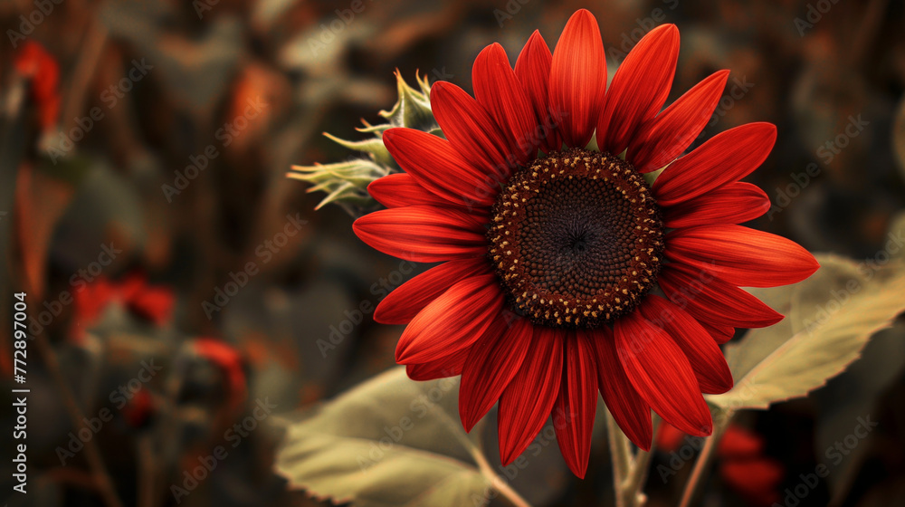 Zbliżenie na kwiat czerwonego słonecznika - obrazy, fototapety, plakaty 