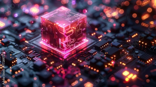 An isometric image of a microchip with futuristic cube technology elements and quantum computing concept
