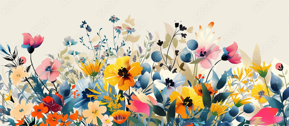 This wide landscape illustration showcases a variety of wildflowers blooming against a soft neutral background