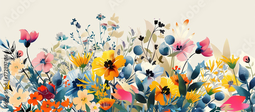 This wide landscape illustration showcases a variety of wildflowers blooming against a soft neutral background