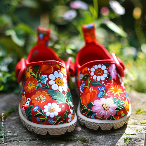 Sunlit image featuring a pair of intricately designed garden clogs with floral patterns on a grassy background symbolizing leisure gardening photo