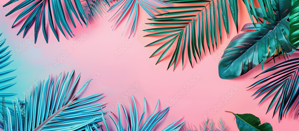 An image capturing the essence of tropical greenery contrasted with a soothing pink and blue gradient, evoking tranquility and escape