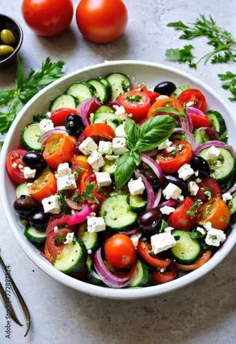 A simple salad made with fresh tomatoes, cucumbers, onions, bell peppers, olives, and feta cheese, dressed with olive oil and oregano
