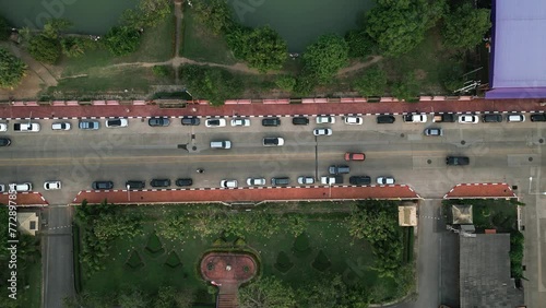 Scenic summer panorama from a window overlooking a bridge across a river