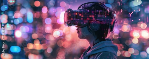 Person wearing a virtual reality headset with a futuristic city in the background