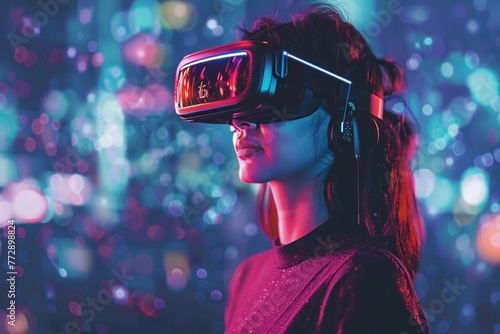 Woman wearing a virtual reality headset with a glowing red and blue futuristic background © ЮРИЙ ПОЗДНИКОВ