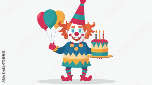 Clown with birthday cake Flat vector isolated on white