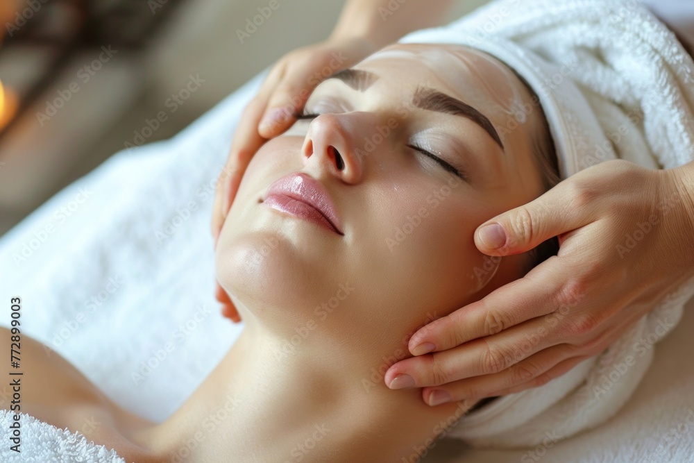 Serene spa atmosphere indulging in a luxurious facial massage treatment with eyes closed