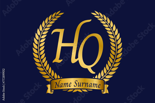 Initial letter H and Q, HQ monogram logo design with laurel wreath. Luxury golden calligraphy font.
