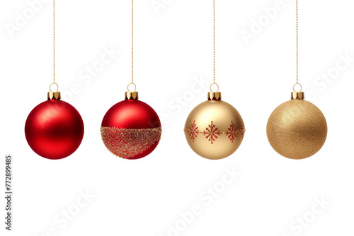 Row of Christmas Ornaments Hanging From a Line. On a White or Clear Surface PNG Transparent Background..