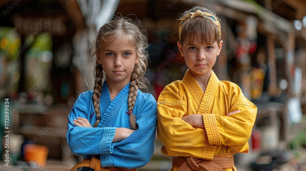 Two young girls in blue and yellow martial arts gi standing confidently.