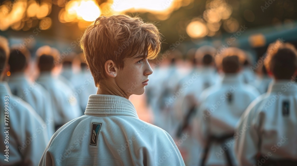 Fototapeta premium Male teenager in white gi looking away, with other karate students in the background at dusk.