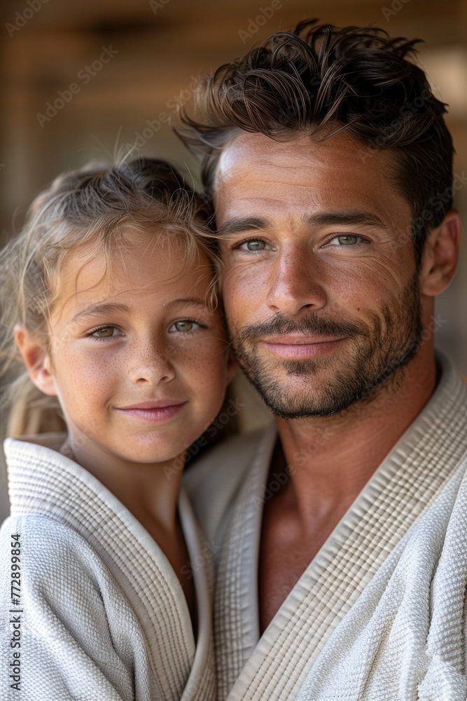 Fototapeta premium Father and daughter in white karate uniforms embracing.